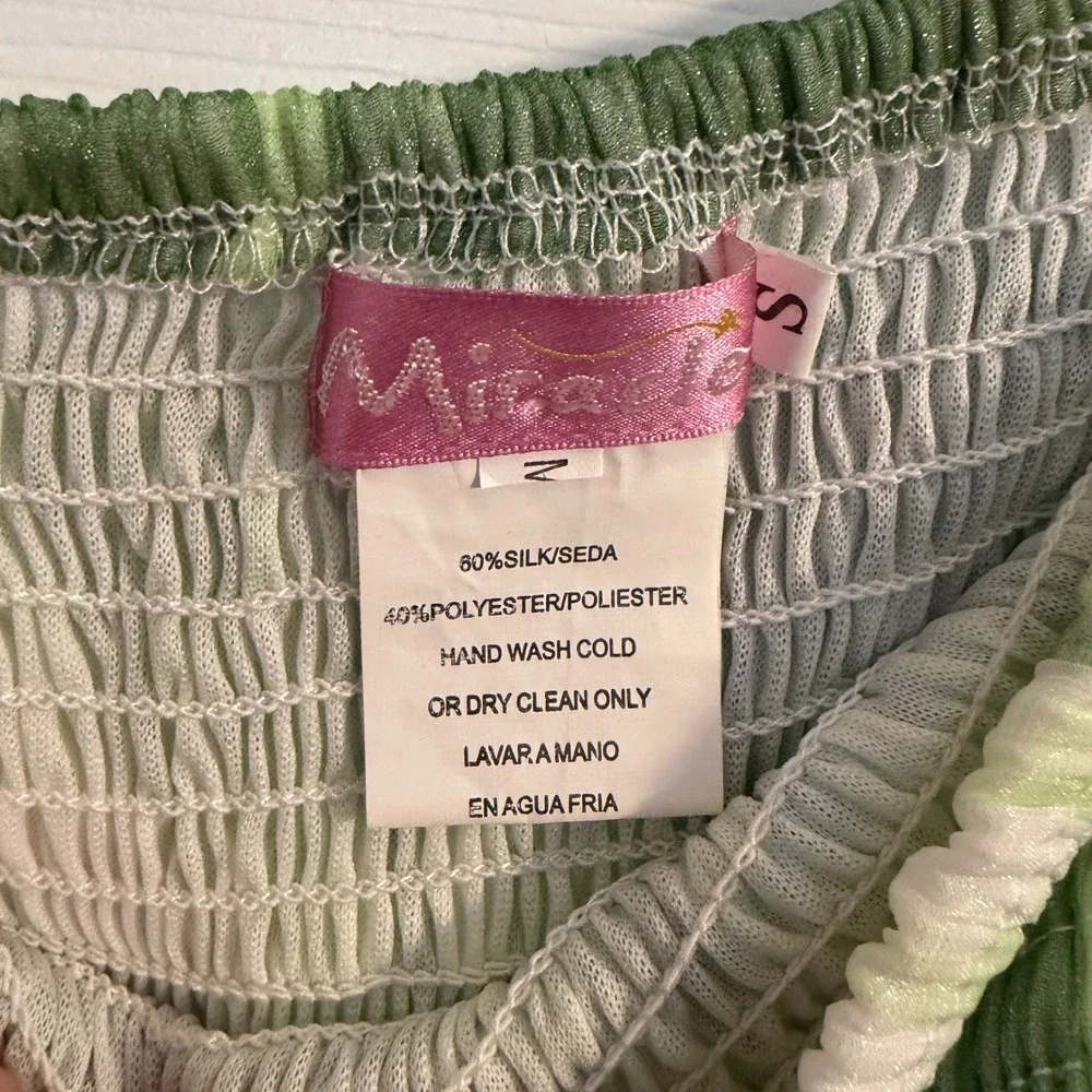 Miracle Strapless Tiered‎ Dress Green Blue Small Boho Silk Blend Summer Vacation